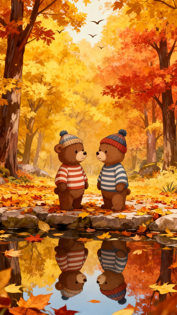 秋季可爱小熊在森林中手绘插画