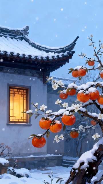 手绘风格寺庙柿子下雪天插画