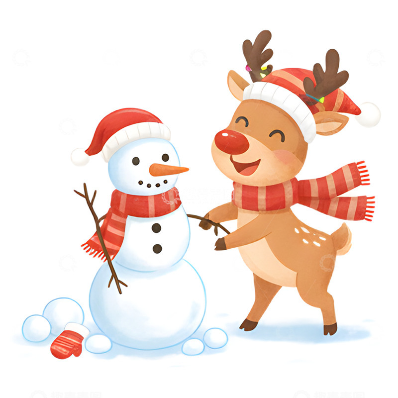 高清大图下载【趣麦麦图】可爱驯鹿堆雪人免抠元素