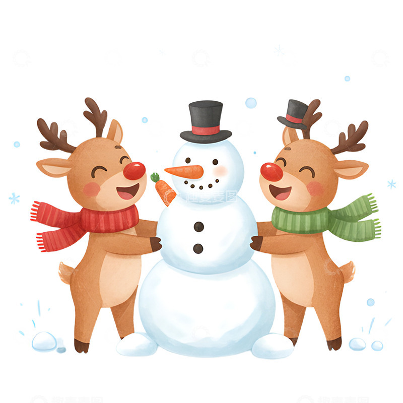 高清大图下载【趣麦麦图】圣诞节可爱驯鹿和雪人免抠元素