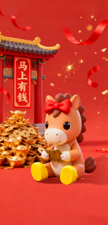 红色喜庆卡通小马烟花夜空元宝马年海报1