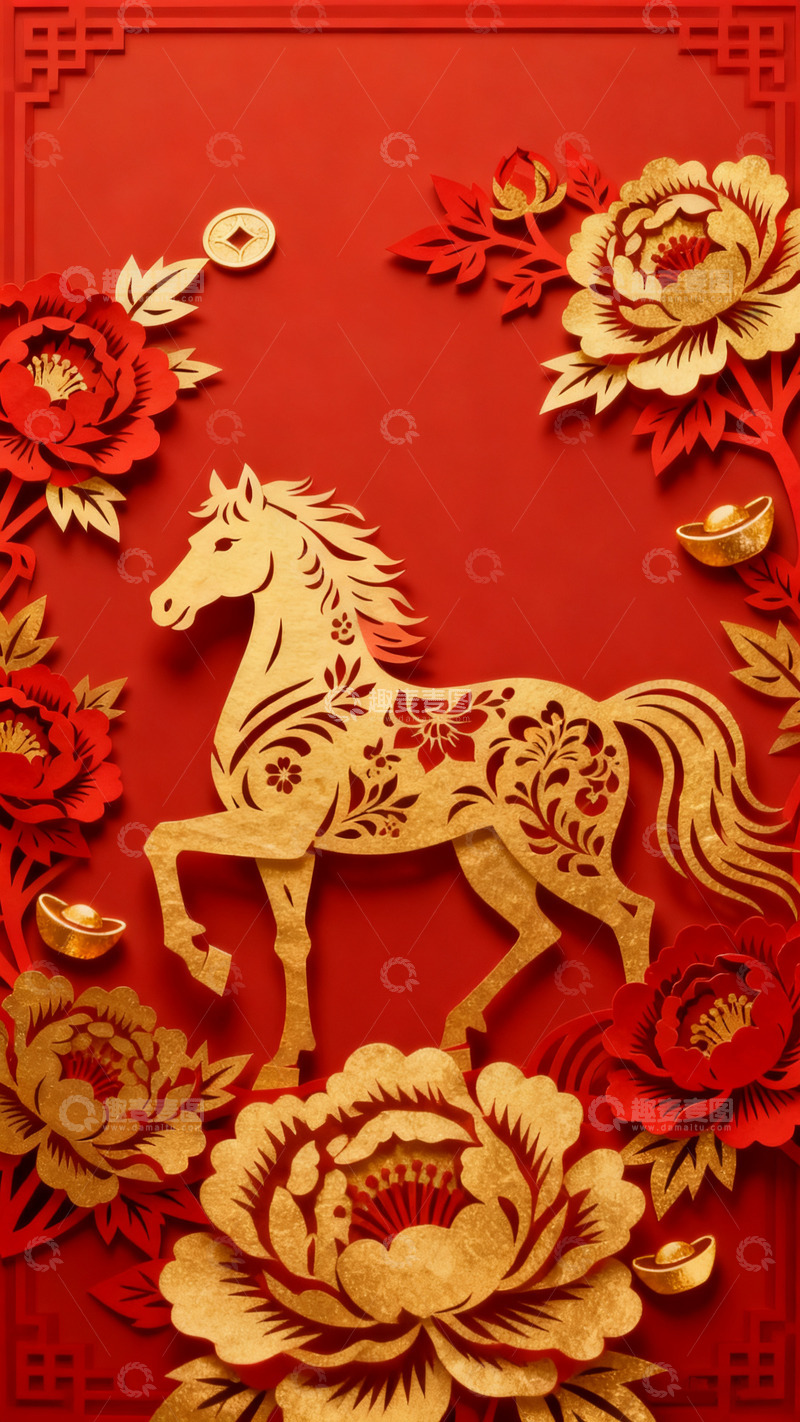 高清大图下载【趣麦麦图】红金色立体剪纸牡丹马中国风马年海报1