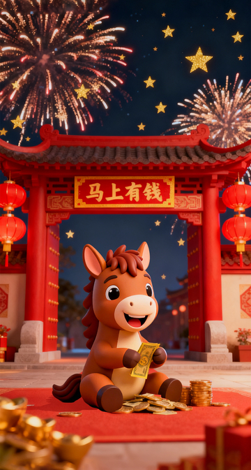 红色喜庆卡通小马烟花夜空元宝马年海报