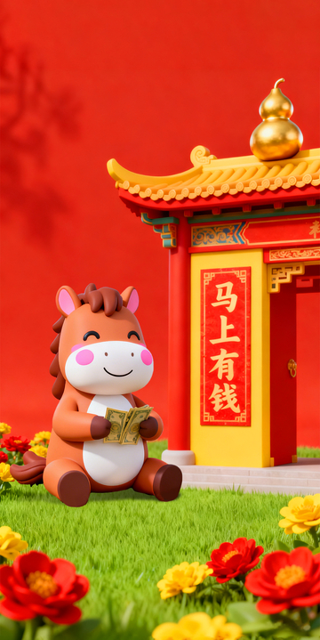 红色喜庆卡通小马烟花夜空元宝马年海报2