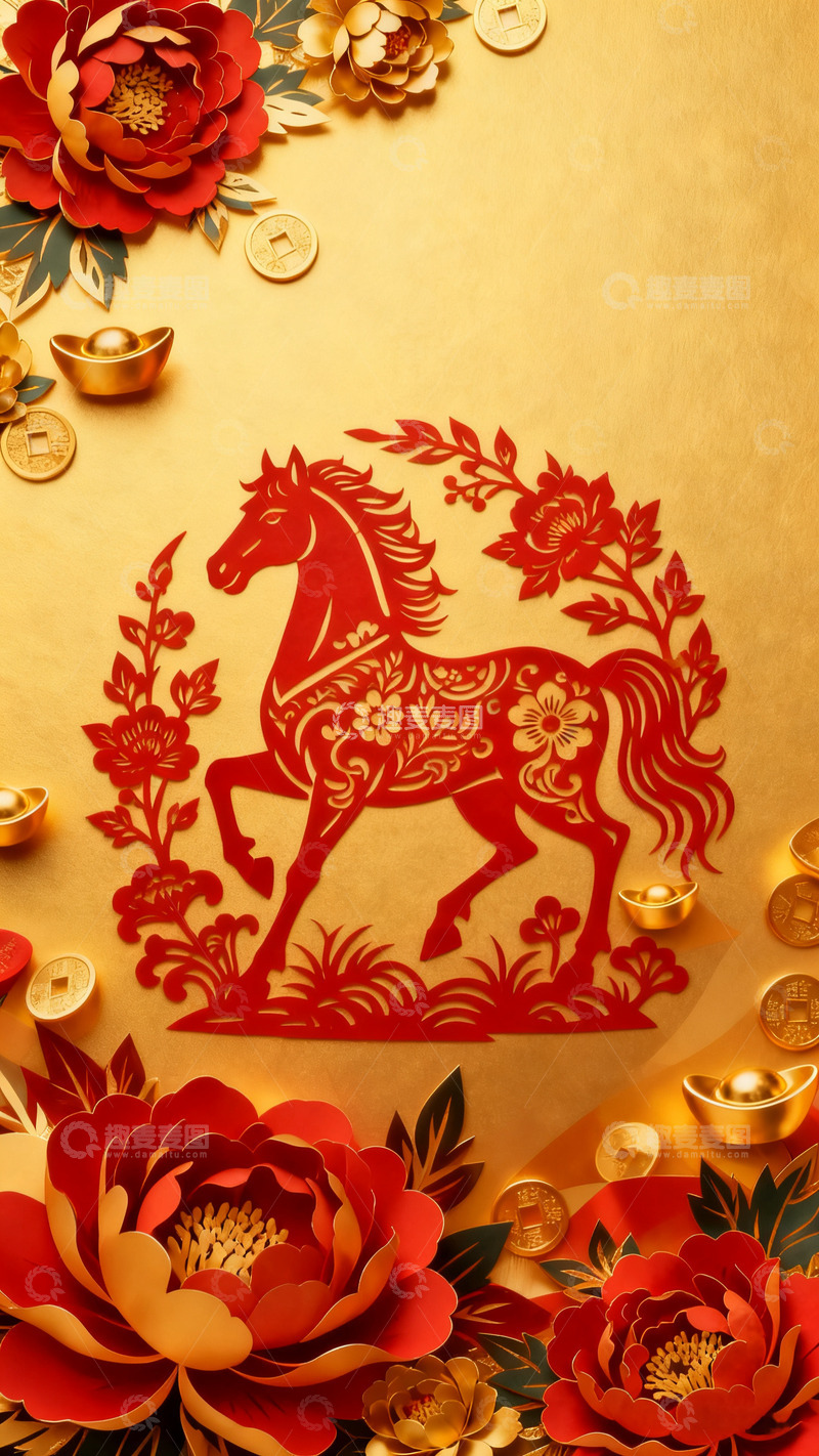 红金色立体剪纸牡丹马中国风马年海报2