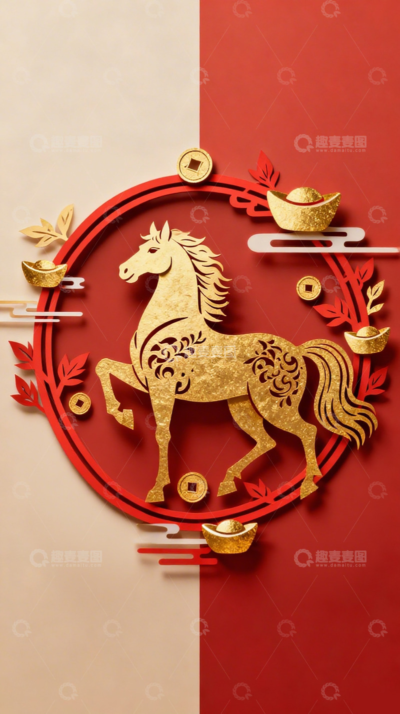 高清大图下载【趣麦麦图】红金色立体剪纸牡丹马中国风马年海报3