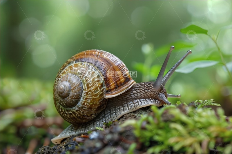 高清大图下载【趣麦麦图】青苔上爬行的一只蜗牛