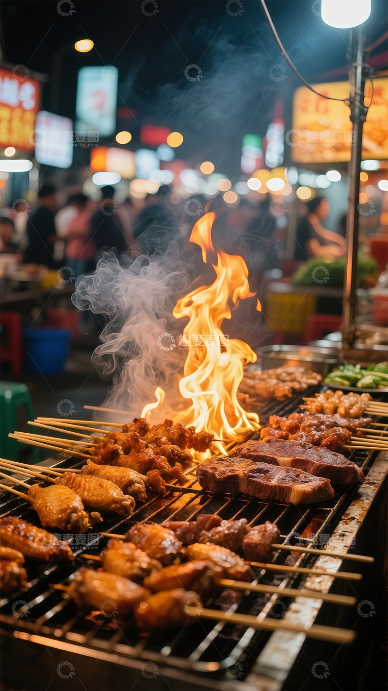高清大图下载【趣麦麦图】夜市烧烤火焰美食
