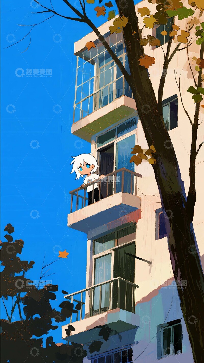 高清大图下载【趣麦麦图】秋日阳台：白发少年的蓝天遐想时光