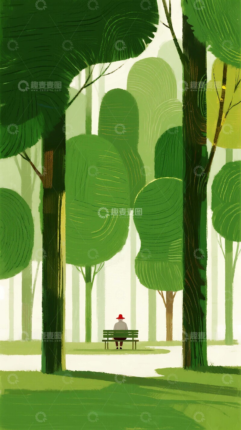 高清大图下载【趣麦麦图】林间独坐：红帽老者的绿意沉思