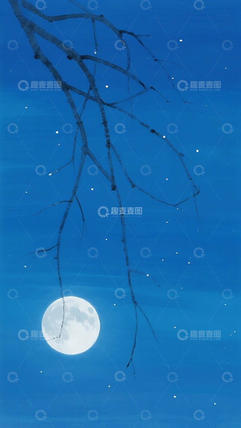 高清大图下载【趣麦麦图】月夜清寂：蓝空枝影与满月的禅意画