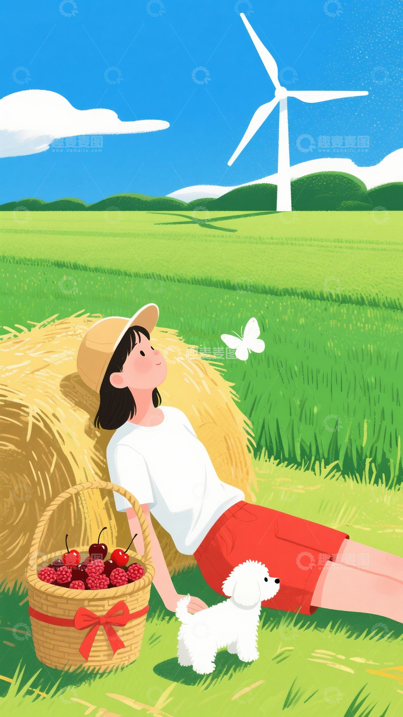 高清大图下载【趣麦麦图】风电原野：草帽少女的浆果闲憩时光