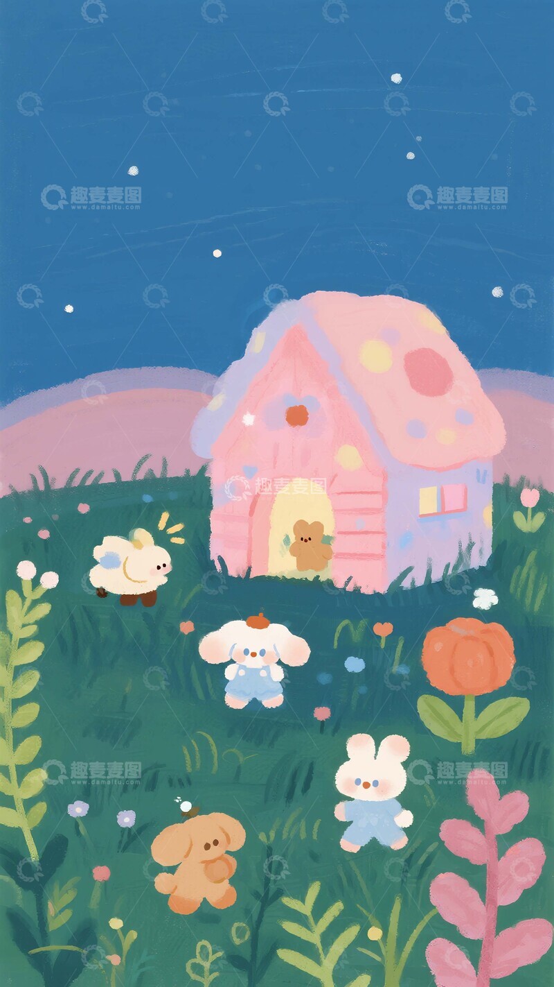 高清大图下载【趣麦麦图】夜之花境：蘑菇屋旁的萌宠狂欢曲