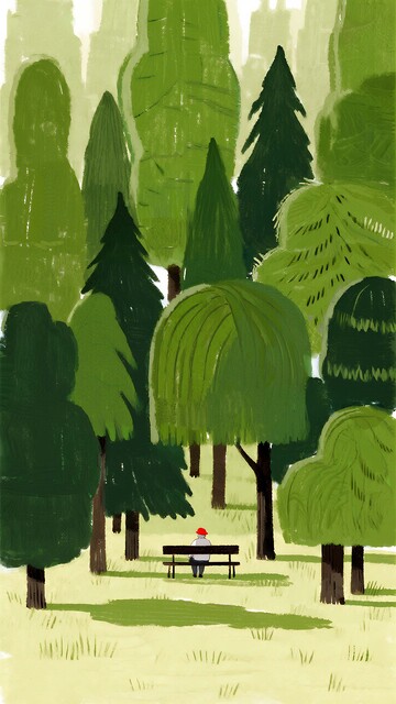 林间静思：红帽老者的绿意独处时光