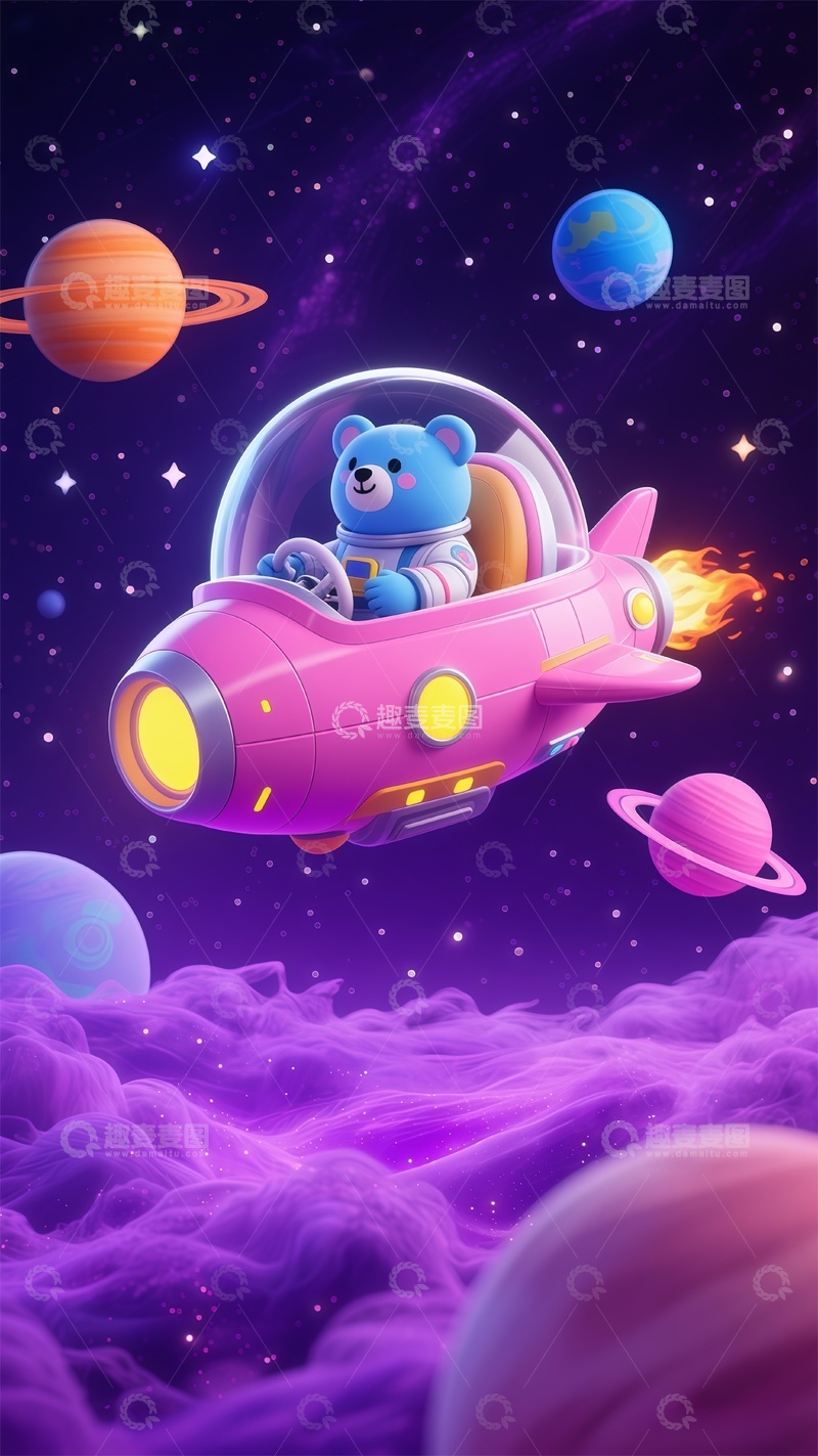 高清大图下载【趣麦麦图】卡通熊太空探险粉色飞船