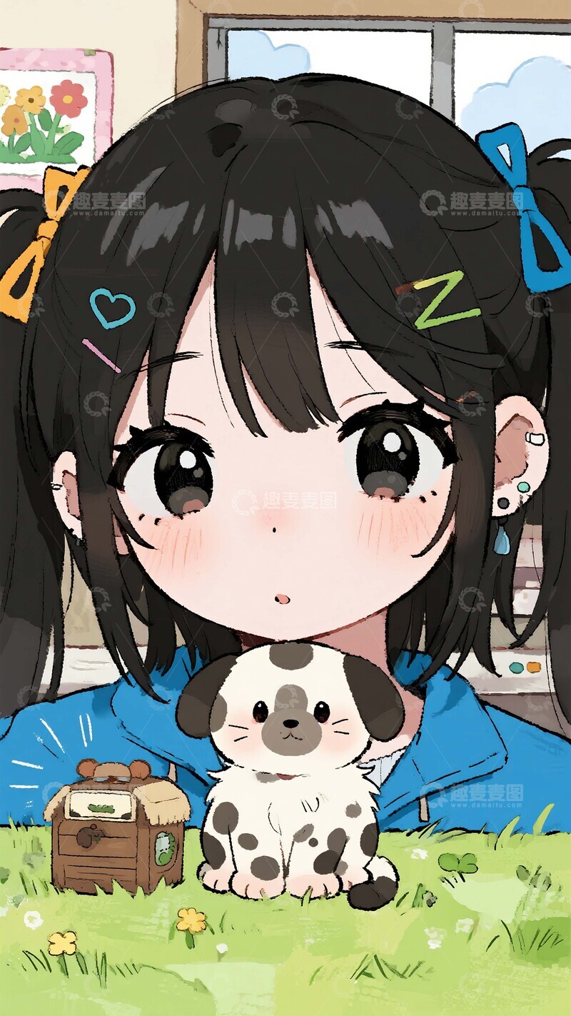 高清大图下载【趣麦麦图】萌宠相伴：双马尾少女的斑点狗日常