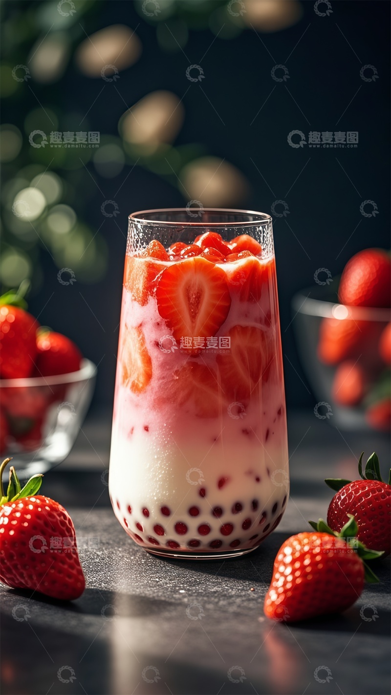 高清大图下载【趣麦麦图】草莓珍珠奶茶美食摄影