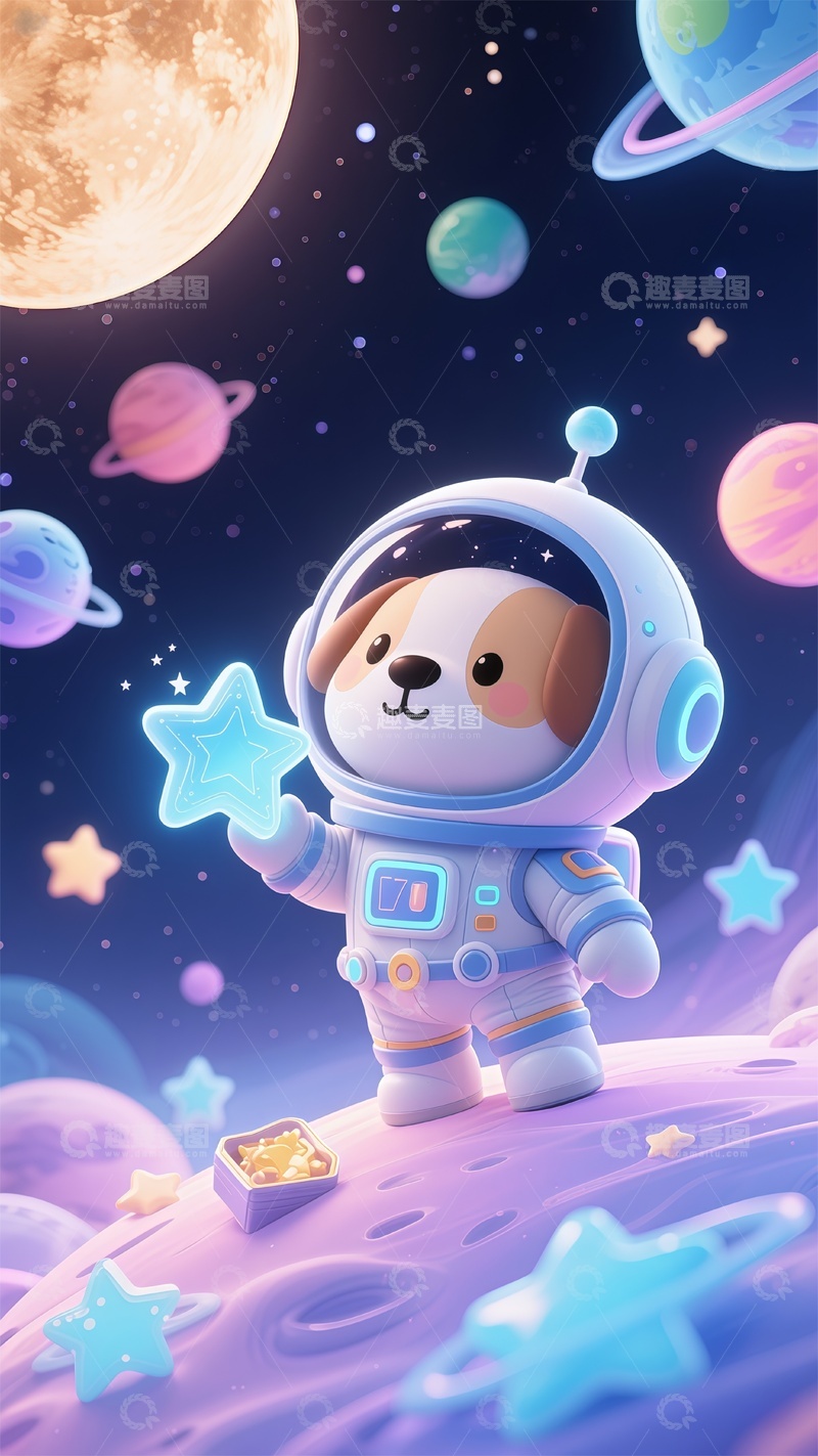 高清大图下载【趣麦麦图】卡通太空狗探险插画