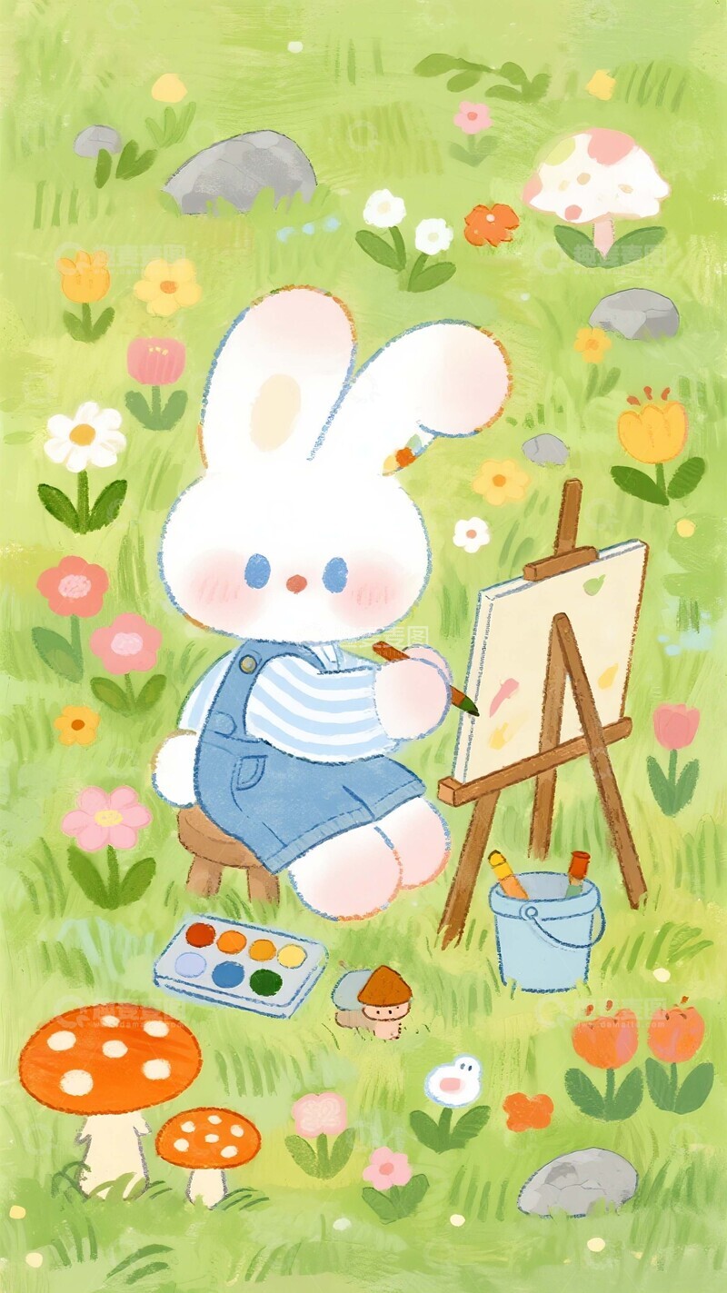 高清大图下载【趣麦麦图】草地画梦：蓝眸白兔的艺术小天地