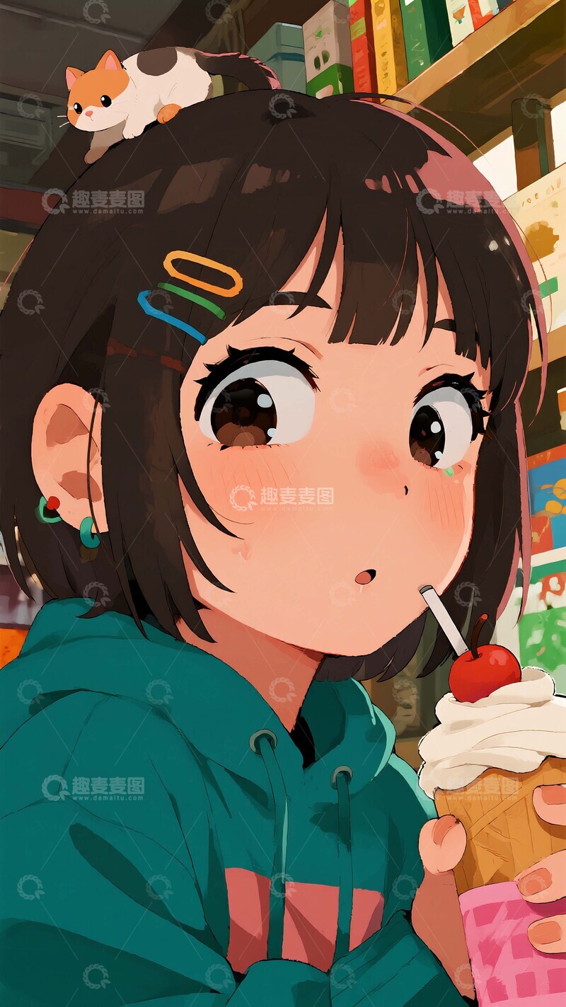 高清大图下载【趣麦麦图】便利店惊喜：猫咪与冰淇淋的治愈瞬间
