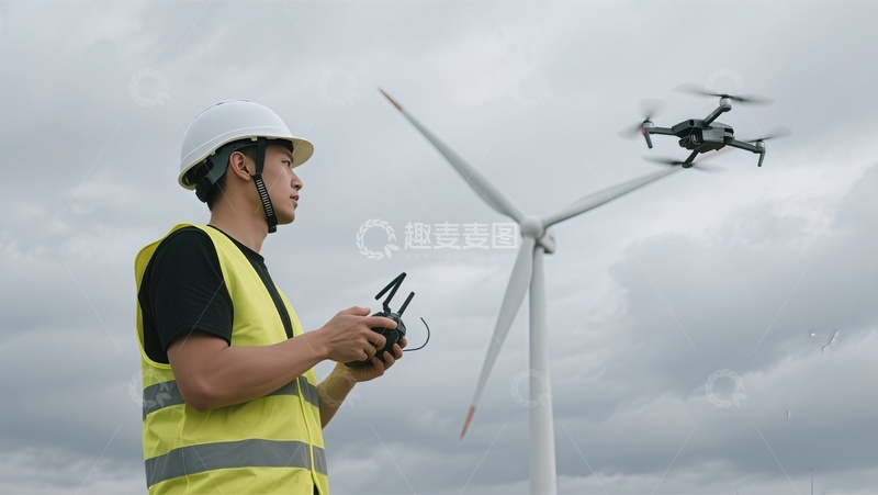高清大图下载【趣麦麦图】风电无人机检查现场作业