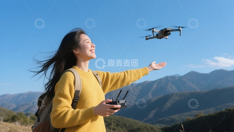 高清大图下载【趣麦麦图】户外无人机飞行女性摄影