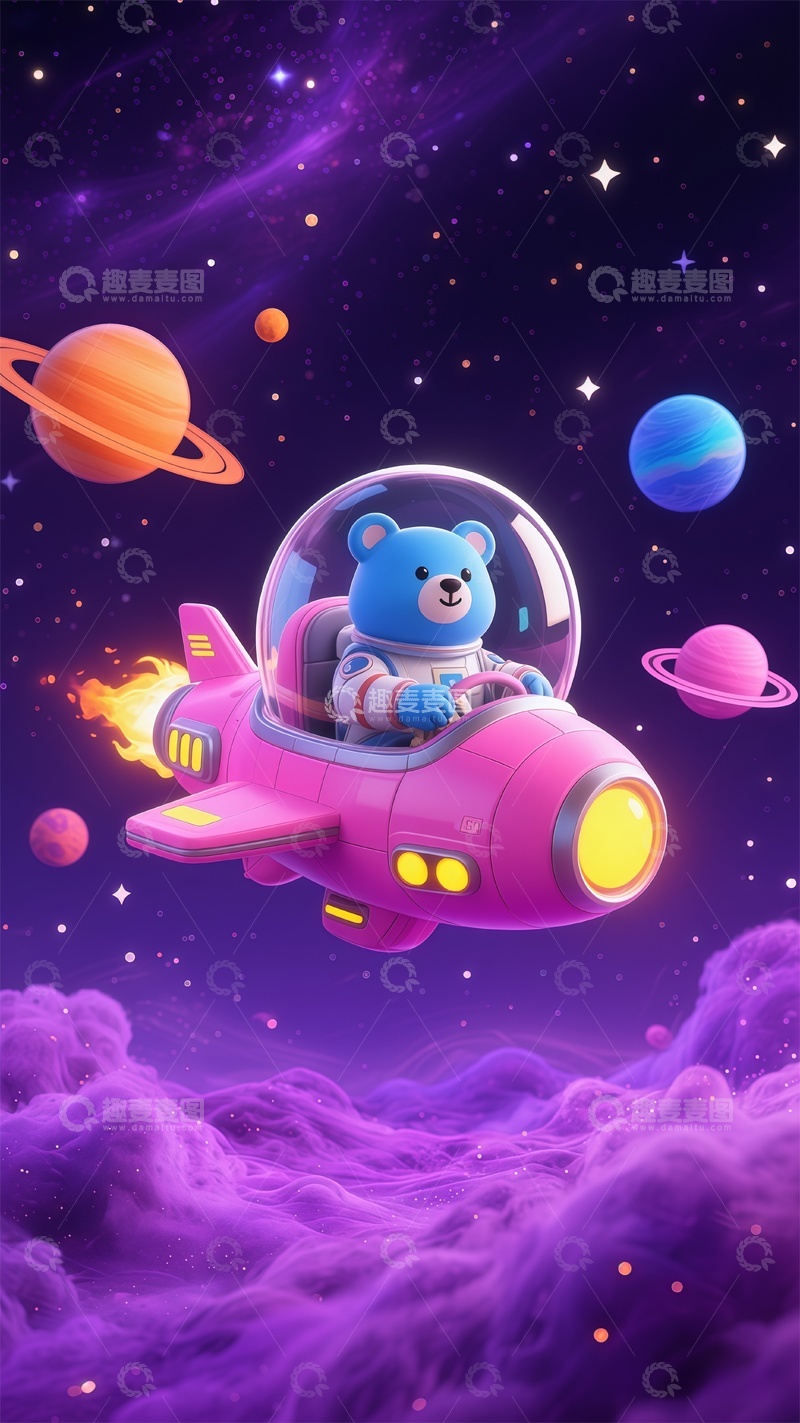 高清大图下载【趣麦麦图】卡通太空探险熊飞船插画