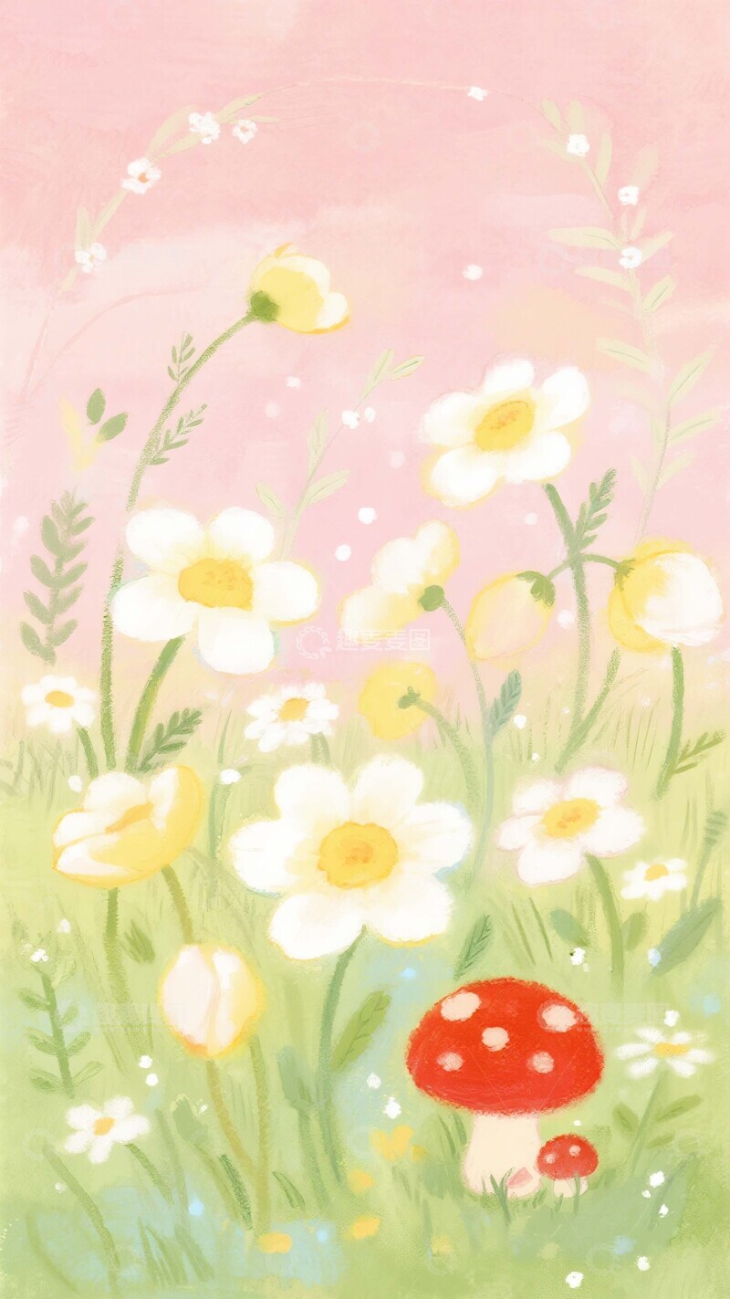 高清大图下载【趣麦麦图】花甸奇遇：粉调蘑菇与繁花之境