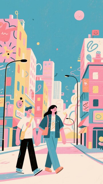 童趣都市：手牵手的情侣在梦幻街巷