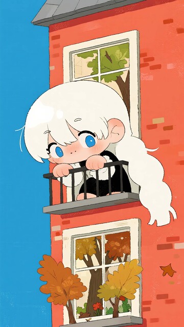 红砖窗台：白发少女的秋日眺望时刻