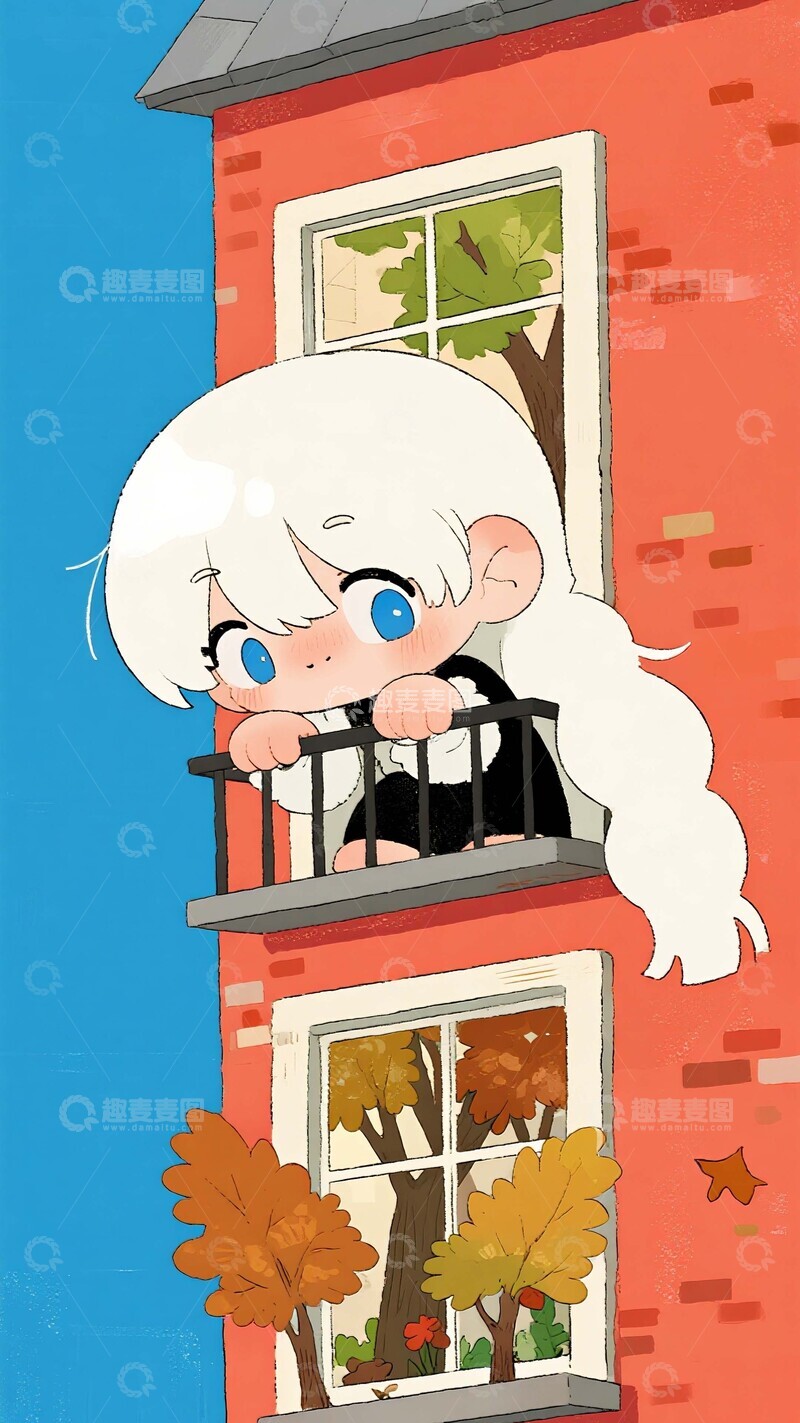 高清大图下载【趣麦麦图】红砖窗台：白发少女的秋日眺望时刻