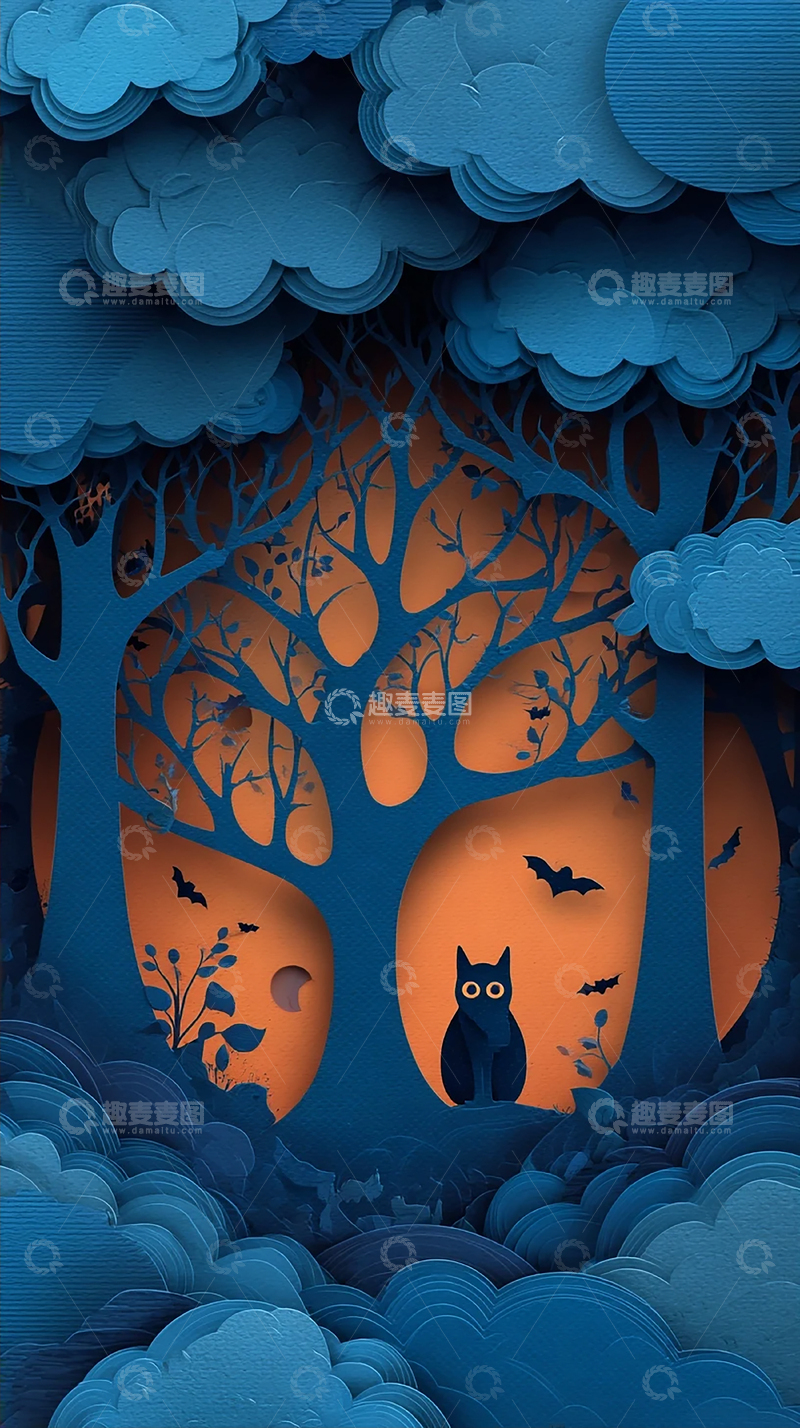 高清大图下载【趣麦麦图】蓝色纸艺森林夜景