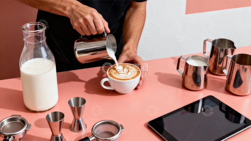 高清大图下载【趣麦麦图】咖啡师制作拿铁艺术