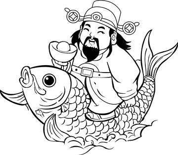 传统中国风人物鱼图案财神线稿