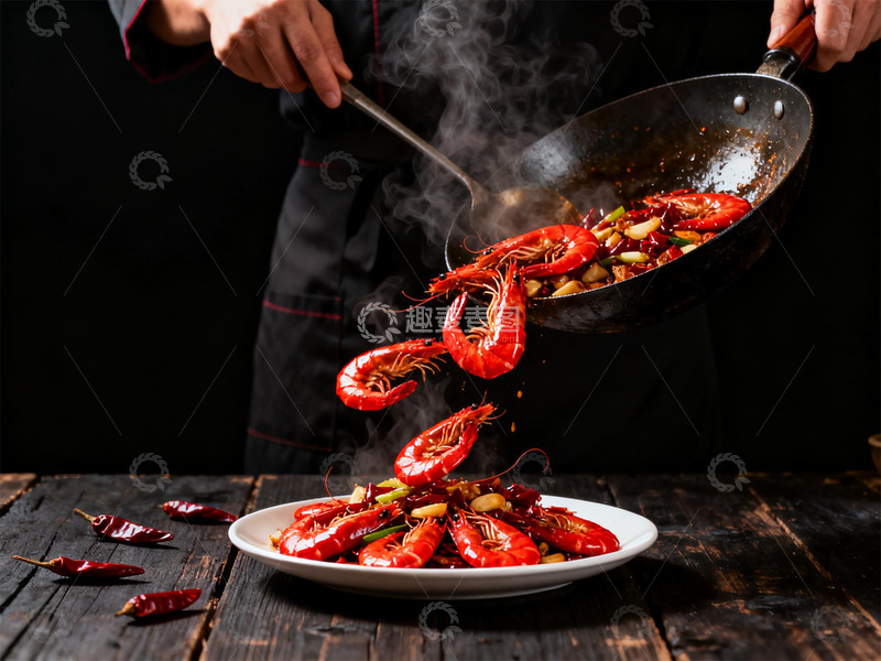 高清大图下载【趣麦麦图】厨师炒制麻辣小龙虾美食摄影