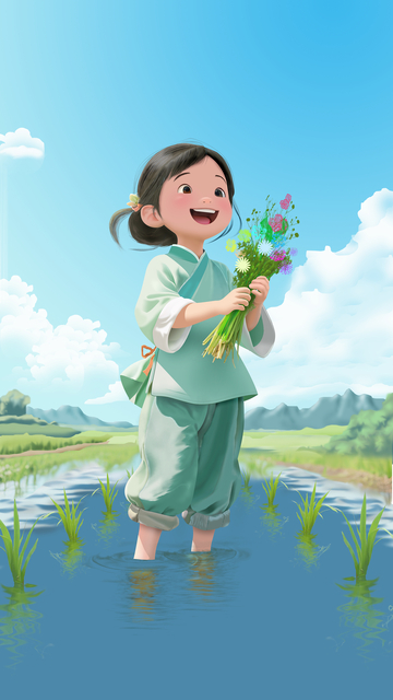 在水田里的小姑娘