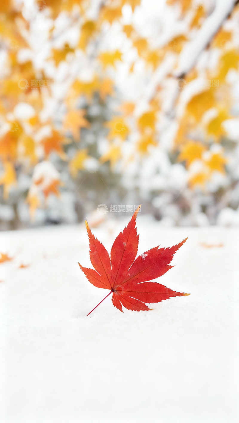 高清大图下载【趣麦麦图】雪中的枫叶红叶摄影壁纸