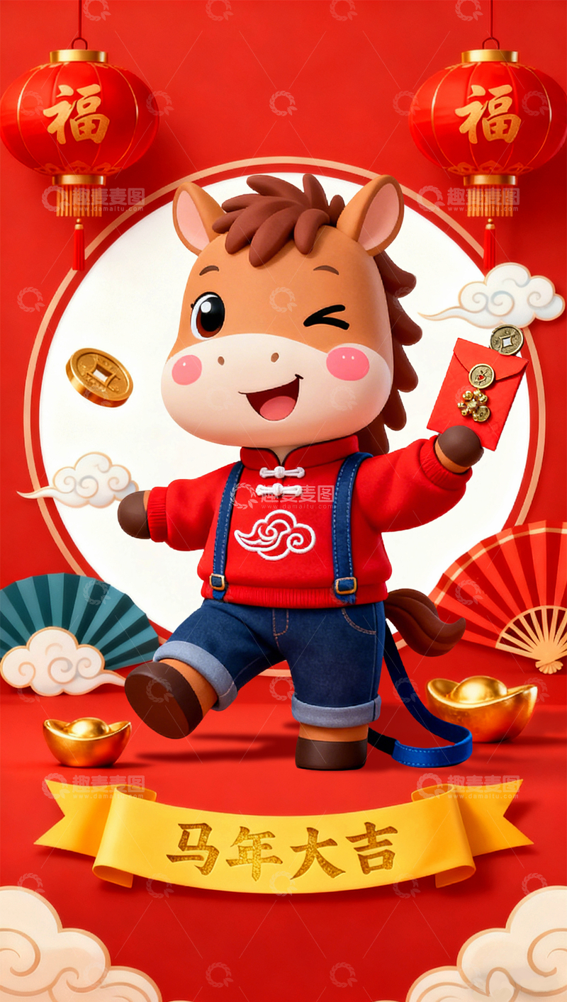源文件下载【趣麦麦图】红色喜庆中国风卡通小马国潮马年海报2