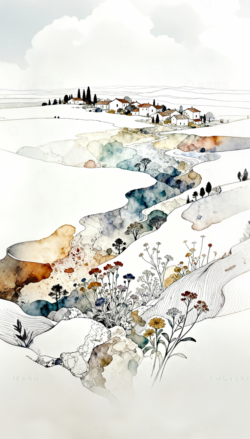 高清大图下载【趣麦麦图】水彩田园风光装饰画