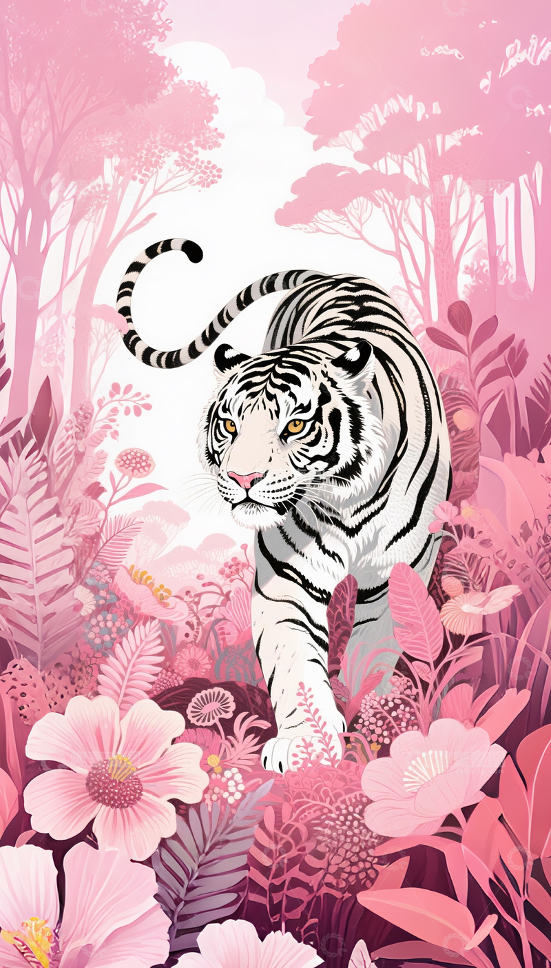 高清大图下载【趣麦麦图】粉红丛林白虎插画设计