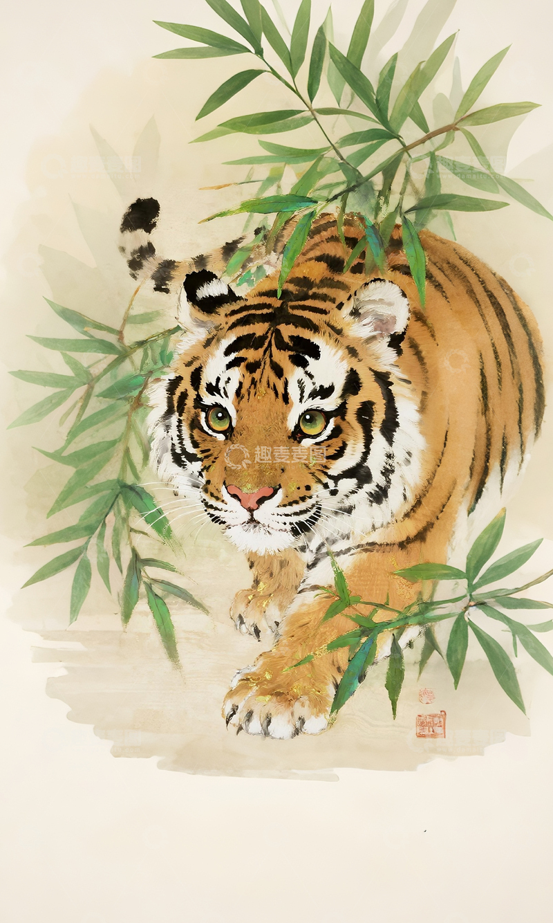 高清大图下载【趣麦麦图】水彩虎竹叶图