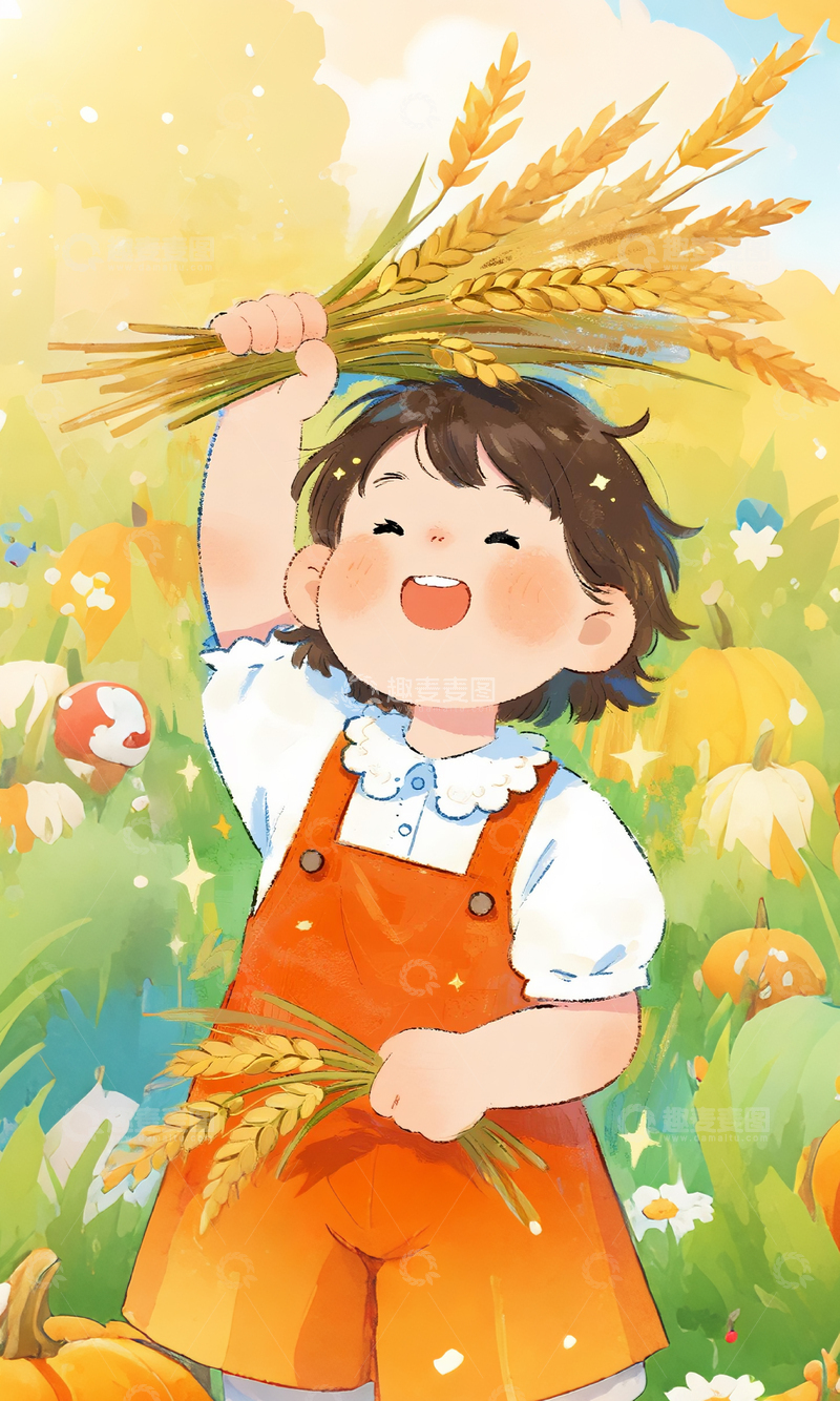 高清大图下载【趣麦麦图】童趣丰收季插画麦田小孩