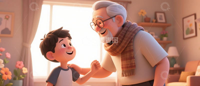 高清大图下载【趣麦麦图】-温馨祖孙情卡通动画场景