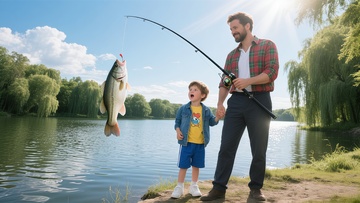 父子垂钓湖畔美景生活照