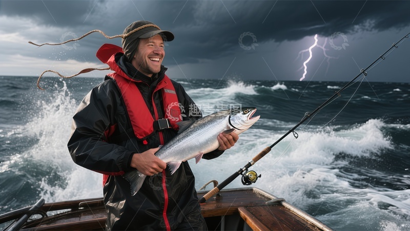 高清大图下载【趣麦麦图】暴风雨中钓鱼男子摄影图片