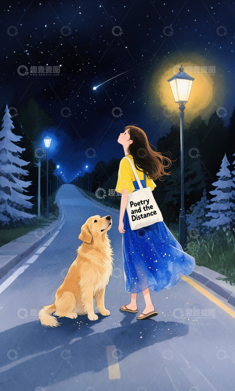 高清大图下载【趣麦麦图】星空下女孩与金毛犬插画