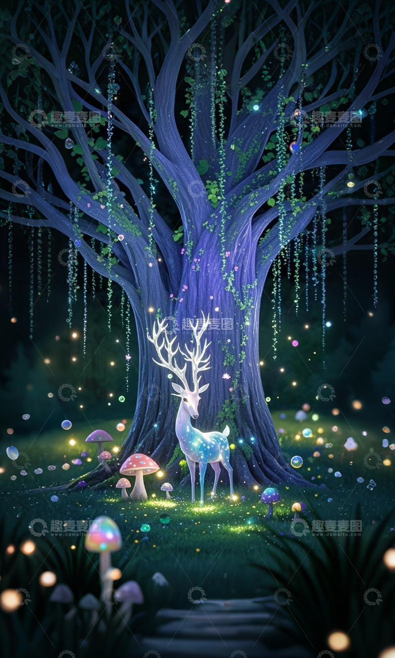 高清大图下载【趣麦麦图】梦幻森林白鹿插画