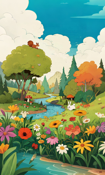 卡通风格溪流花园插画