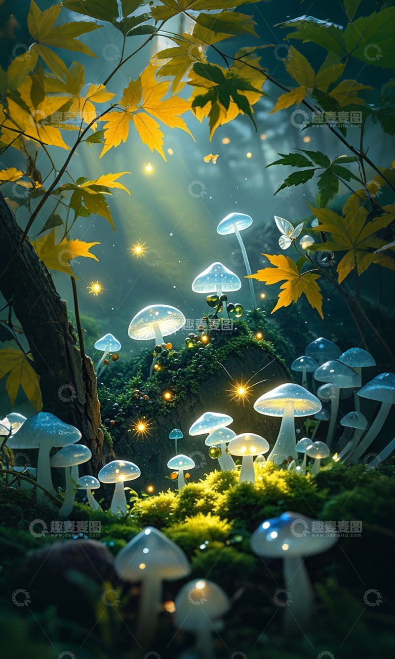 高清大图下载【趣麦麦图】梦幻发光蘑菇森林插画