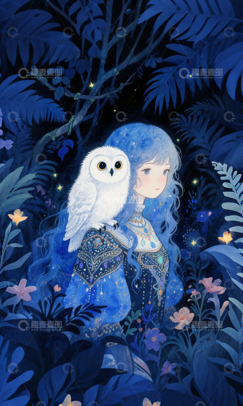 高清大图下载【趣麦麦图】梦幻森林少女与猫头鹰插画